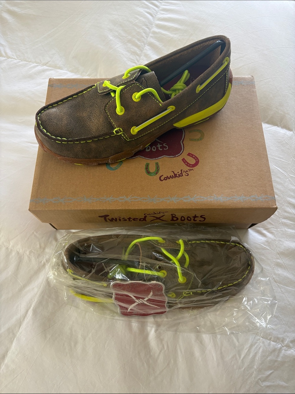 Kids' Driving Mocs in Bomber Brown with Neon Yellow Trim